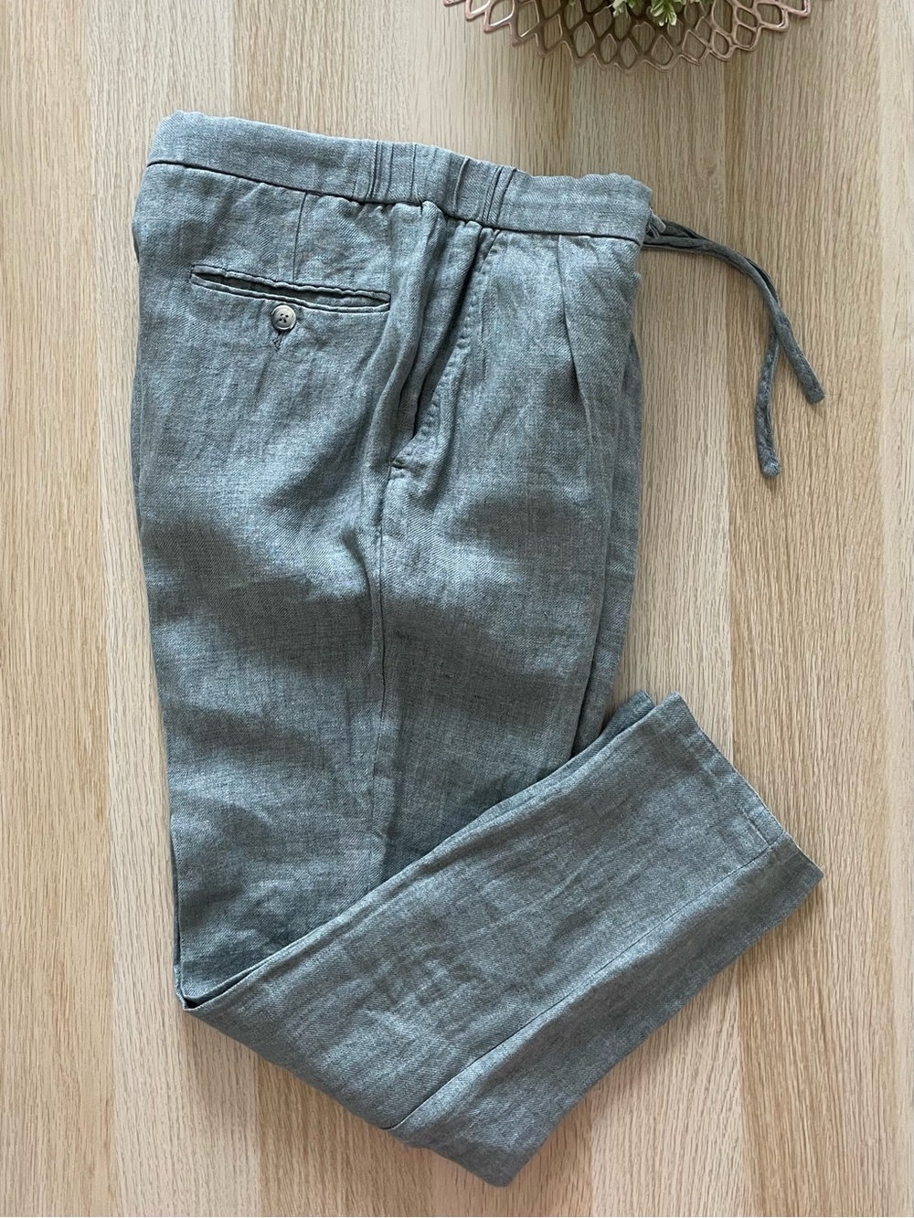 Suitsupply Ames pleat ES 100% Linen Grey Drawstring Pants Size 46 US 30